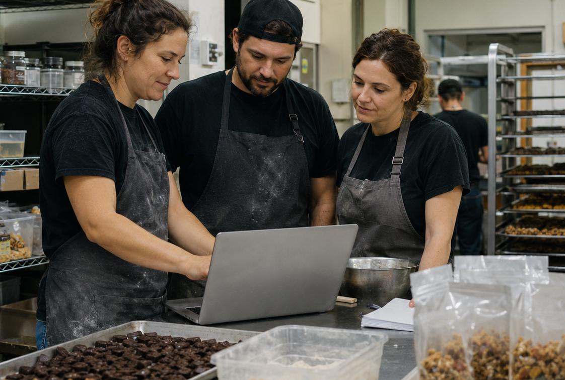 Bakery team reviewing business information together on a laptop