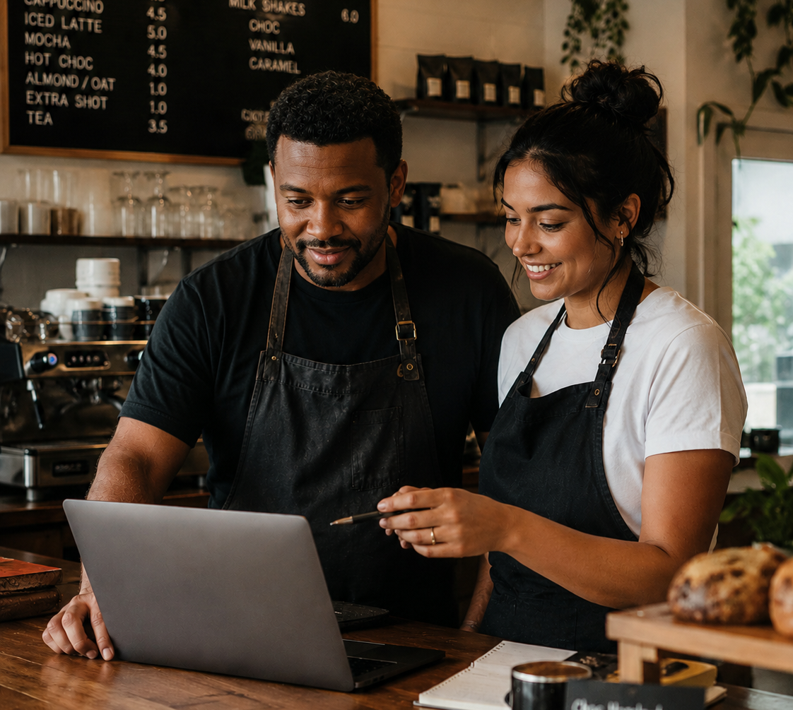 Cafe team reviewing business information together on a laptop
