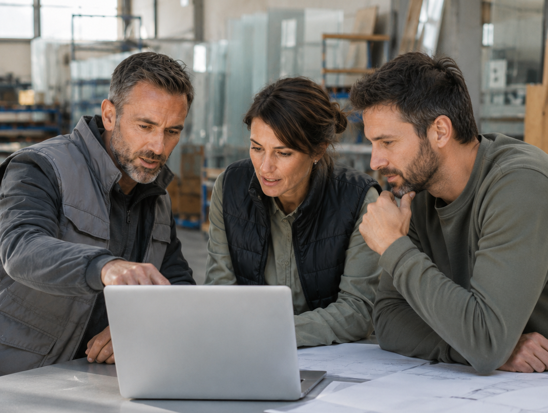 Business team reviewing plans and results together on a laptop