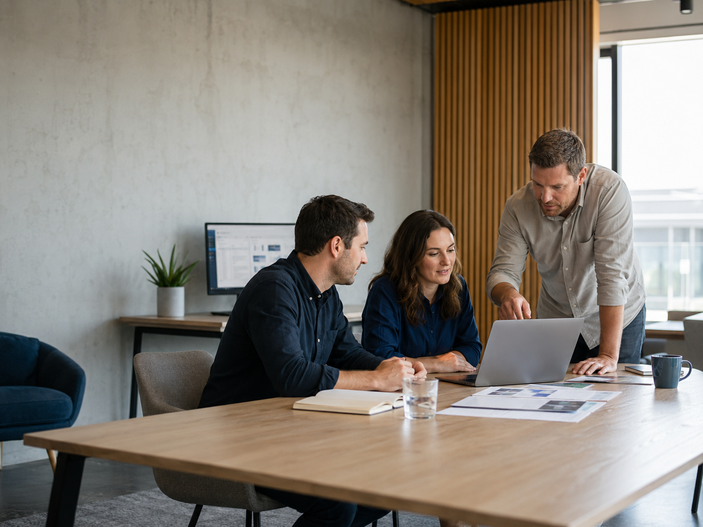 Business owners reviewing information together around a laptop