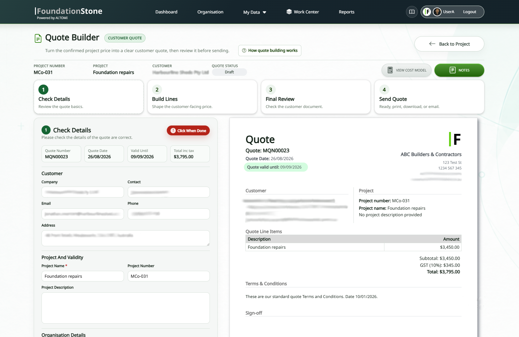 FoundationStone quote builder showing the quote workflow and customer preview