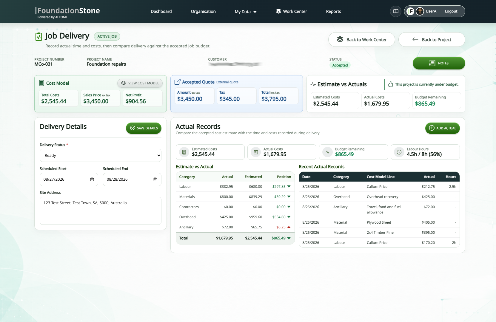 FoundationStone delivery screen showing job updates and estimate-versus-actual costs